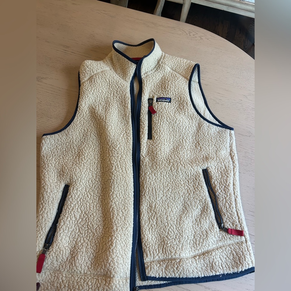 Patagonia Tan Fleece Vest with Navy Trim